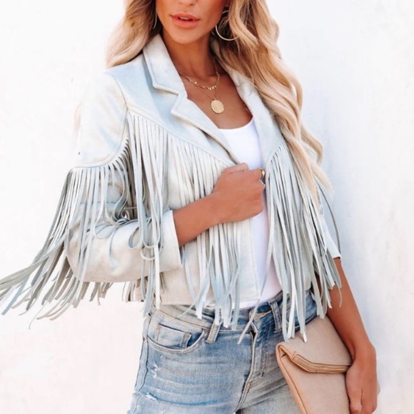 Vici Jackets & Blazers - Fringe Suede Cropped Jacket - Light Beige